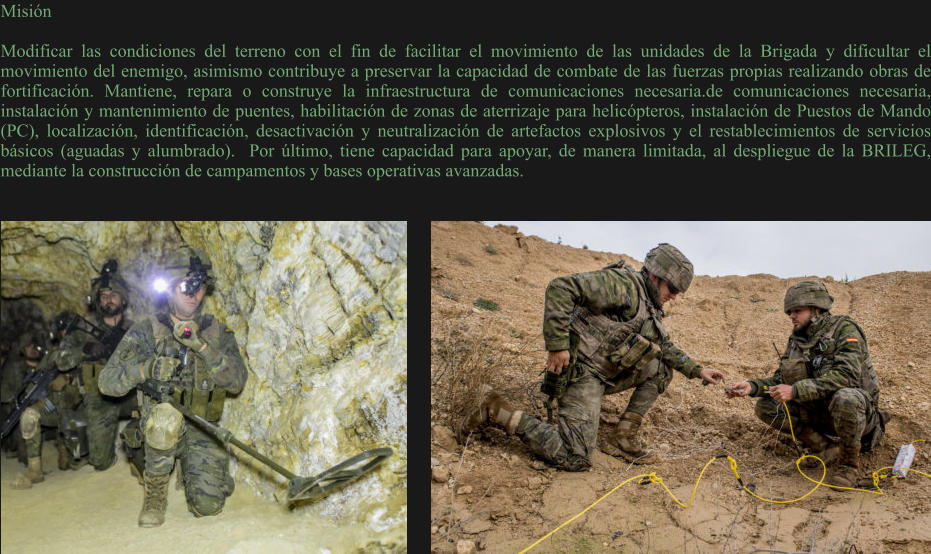 Misión  Modificar las condiciones del terreno con el fin de facilitar el movimiento de las unidades de la Brigada y dificultar el movimiento del enemigo, asimismo contribuye a preservar la capacidad de combate de las fuerzas propias realizando obras de fortificación. Mantiene, repara o construye la infraestructura de comunicaciones necesaria.de comunicaciones necesaria, instalación y mantenimiento de puentes, habilitación de zonas de aterrizaje para helicópteros, instalación de Puestos de Mando (PC), localización, identificación, desactivación y neutralización de artefactos explosivos y el restablecimientos de servicios básicos (aguadas y alumbrado).  Por último, tiene capacidad para apoyar, de manera limitada, al despliegue de la BRILEG, mediante la construcción de campamentos y bases operativas avanzadas.